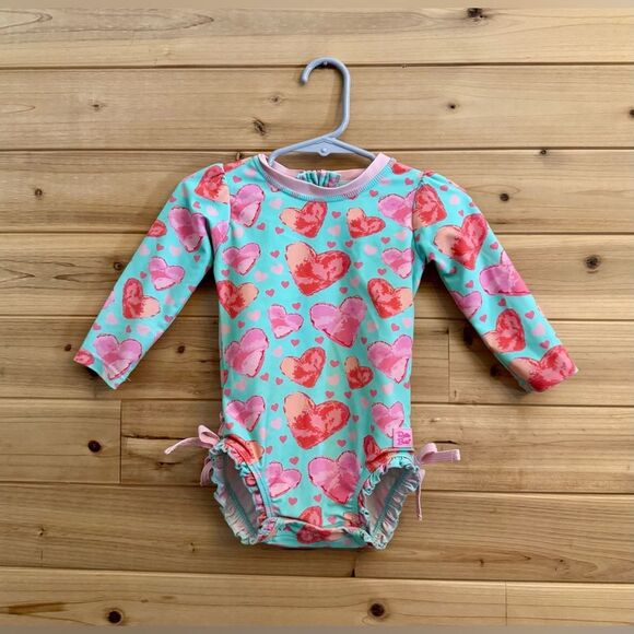 Ruffle Butts Size 12-18 Months Hearts Long Sleeve Rash Guard One Piece Swimsuit - Picture 1 of 8